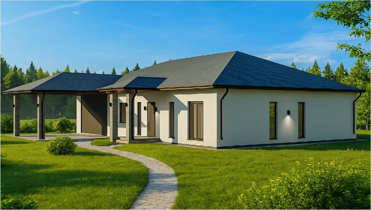 Тип 9, 200 м² — 3D-визуализация: главный фасад